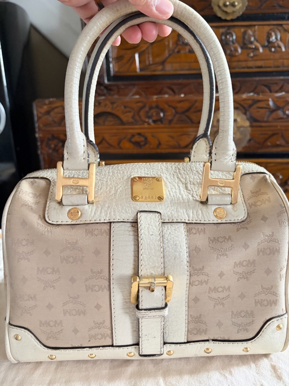 SALE MCM Cream and Beige Logo Satchel with Gold Hardware